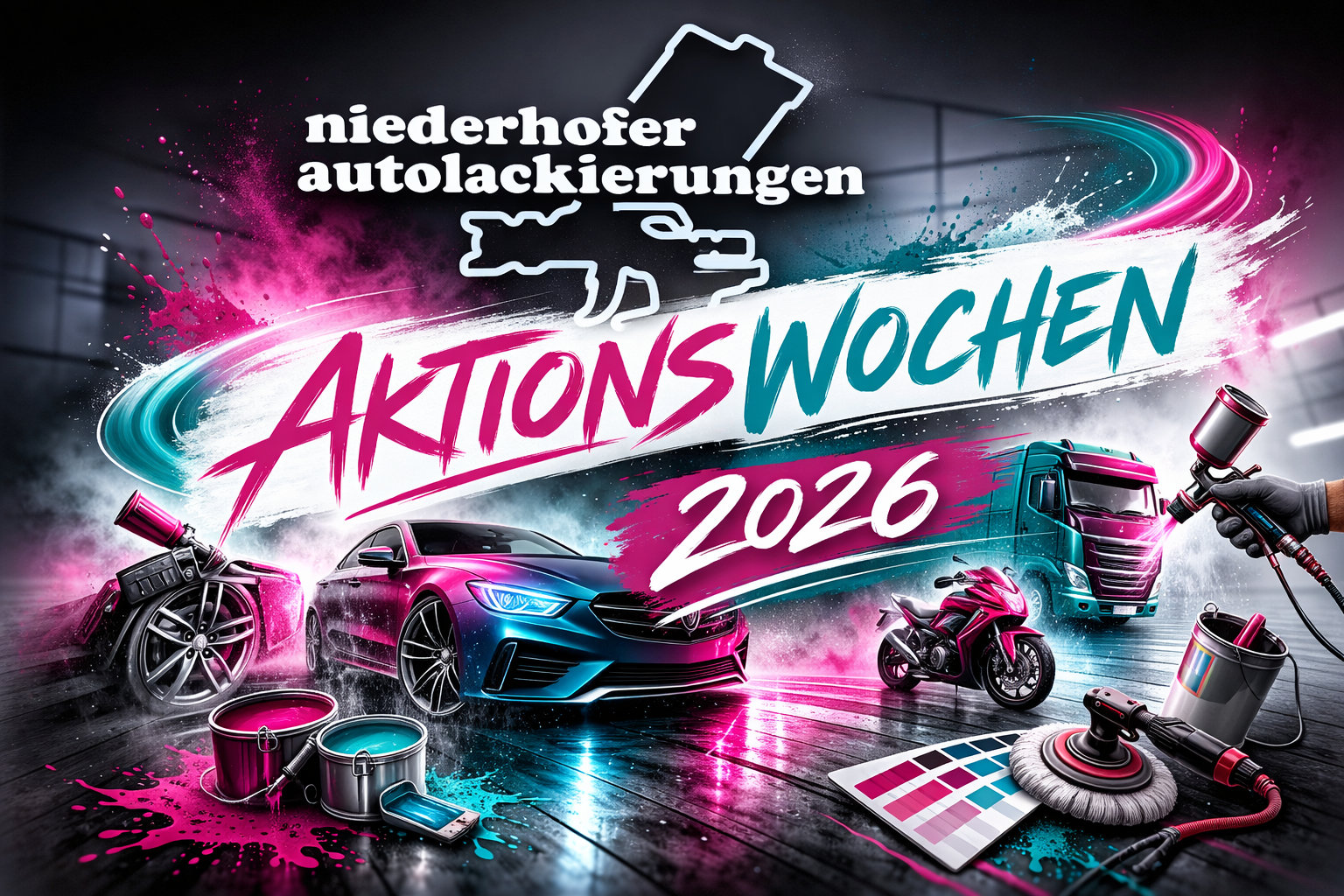 Bild mit Logo und Fahrzeugen die lackiert werden.